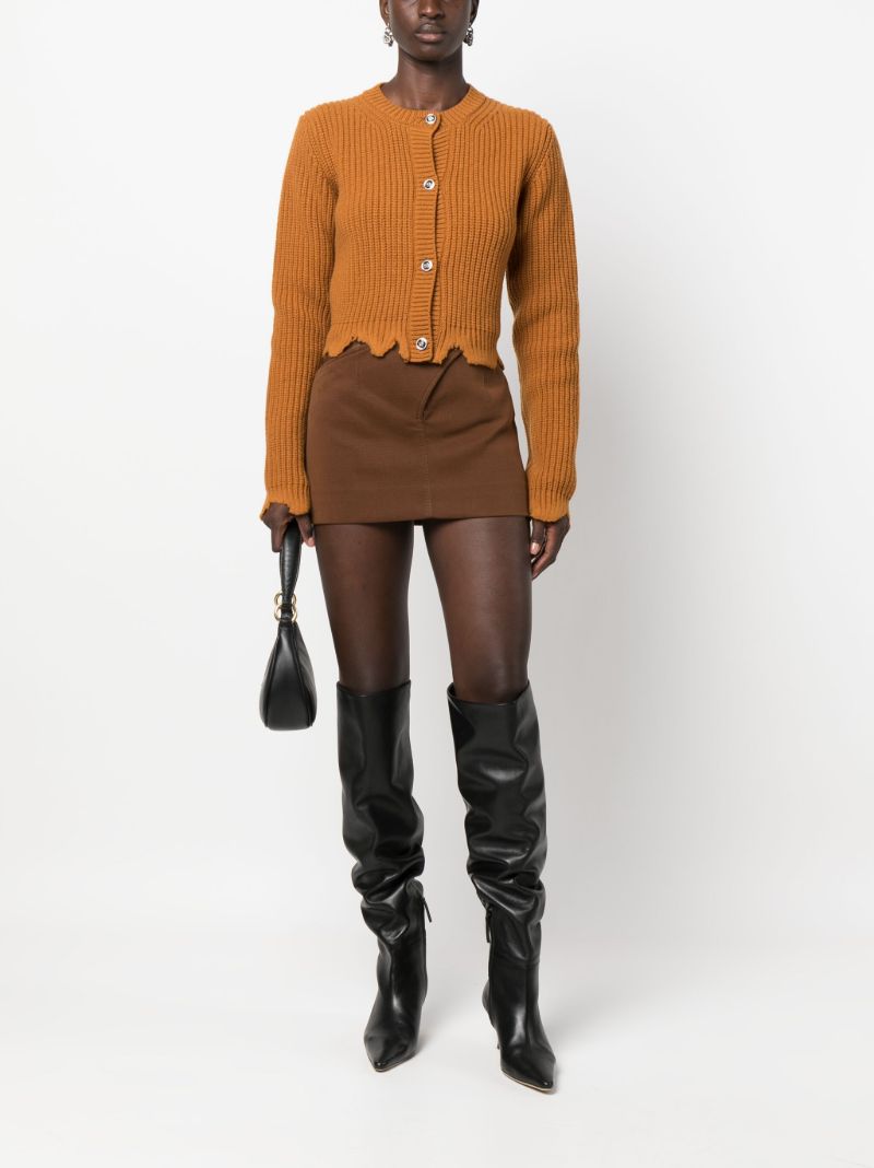 Brown Distressed Ribbed-knit Wool Cardigan