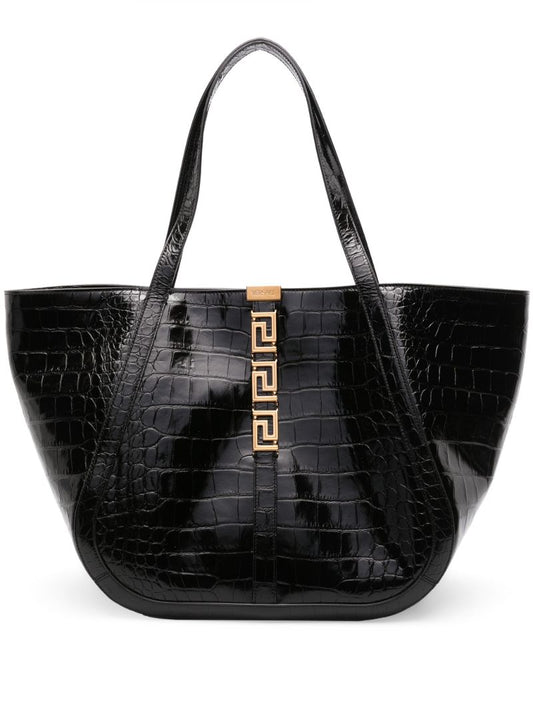 Black Greca Goddess Leather Tote Bag