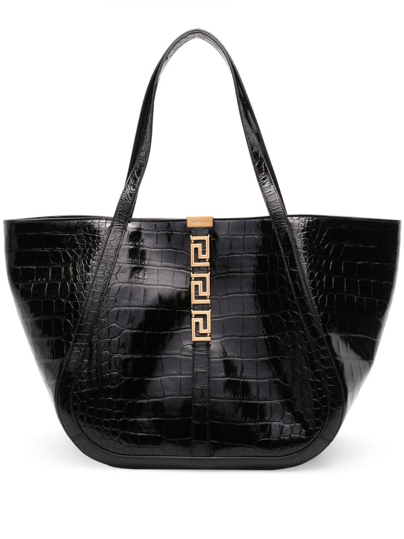 Black Greca Goddess Leather Tote Bag