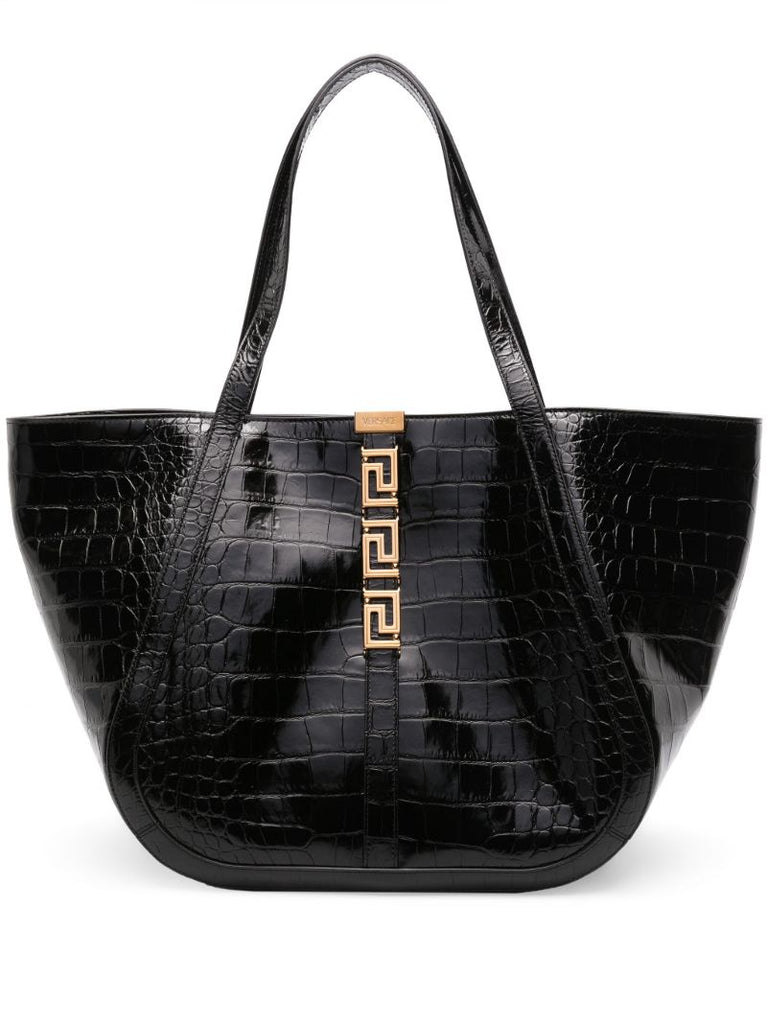 Black Greca Goddess Leather Tote Bag