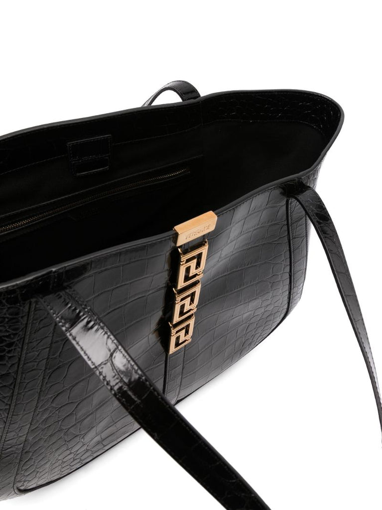 Black Greca Goddess Leather Tote Bag