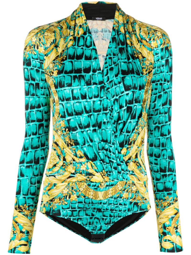 Blue Baroccodile Print Long Sleeve Bodysuit