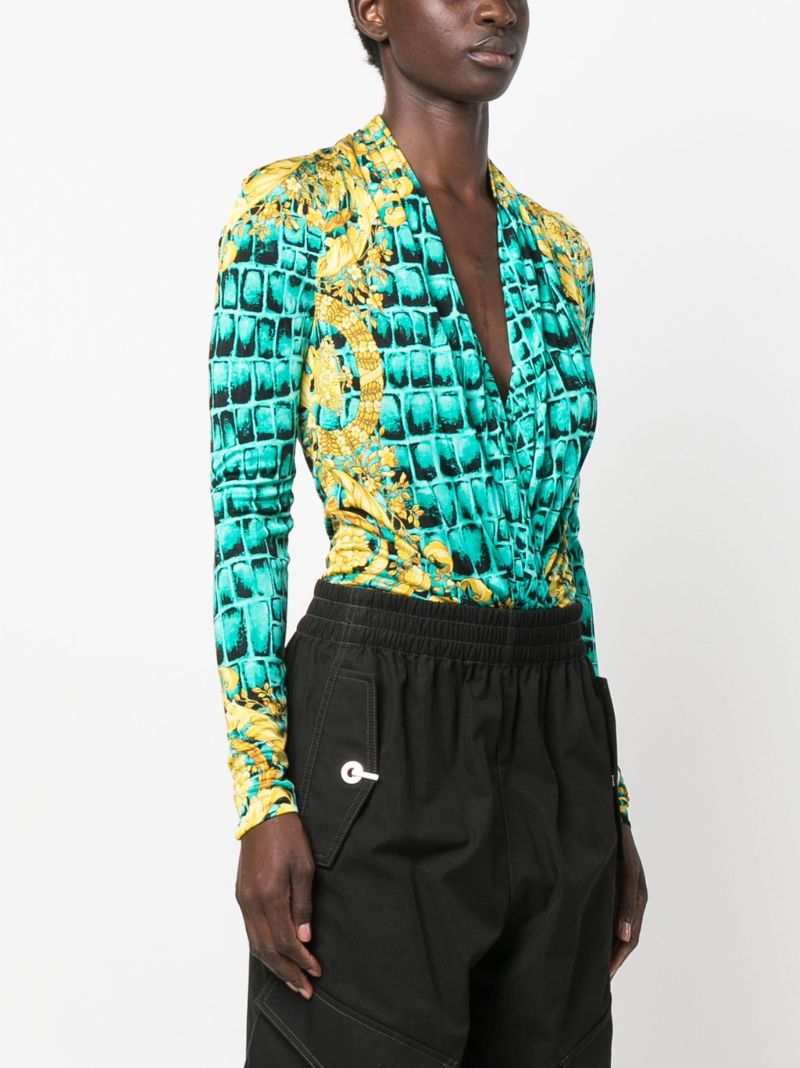 Blue Baroccodile Print Long Sleeve Bodysuit