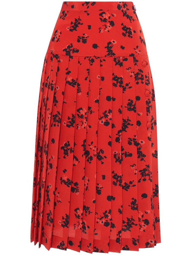 Red Rose-print Silk Skirt