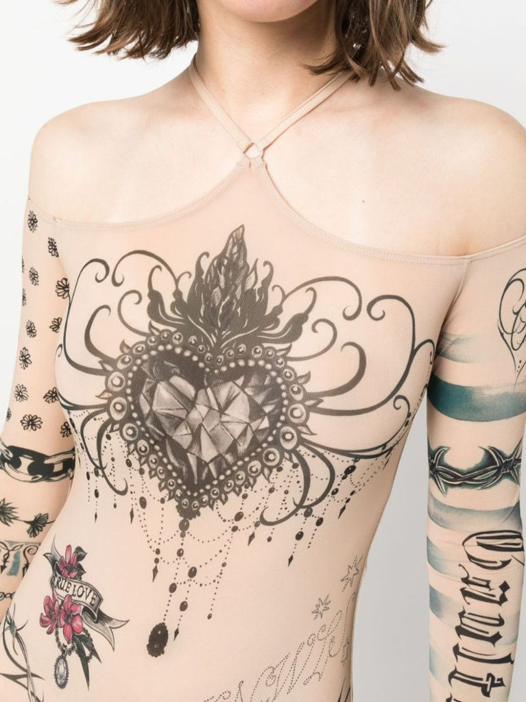 X Knwls Neutral Tattoo-print Long Sleeve Bodysuit