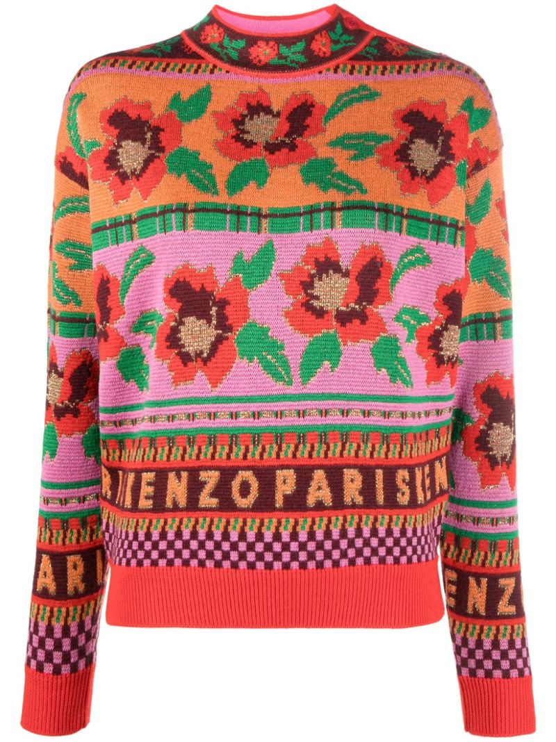 Orange Floral-intarsia Wool Sweater