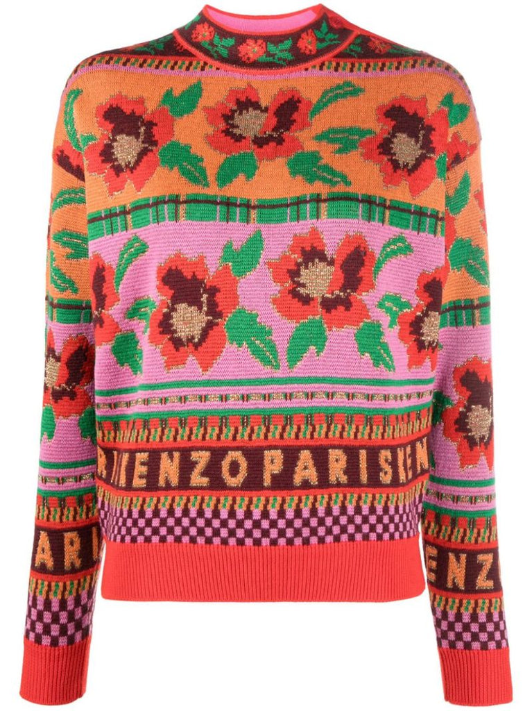 Orange Floral-intarsia Wool Sweater