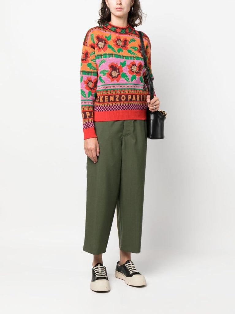 Orange Floral-intarsia Wool Sweater