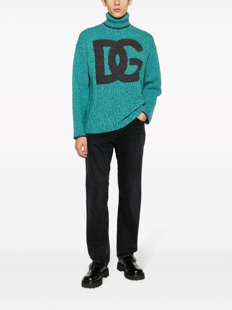 Blue Intarsia-knit Logo Sweater