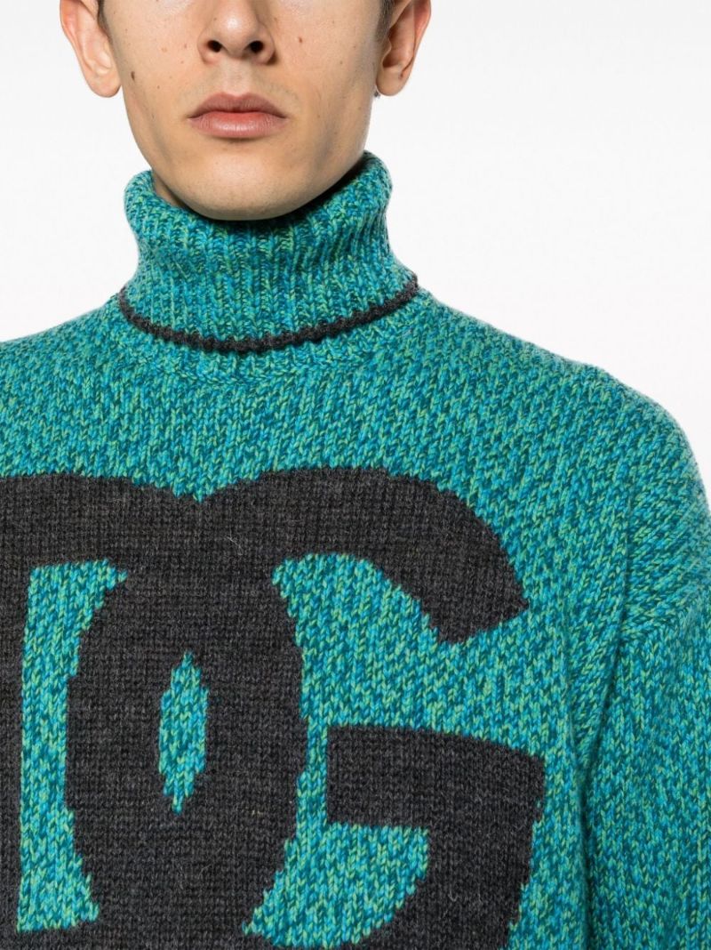 Blue Intarsia-knit Logo Sweater