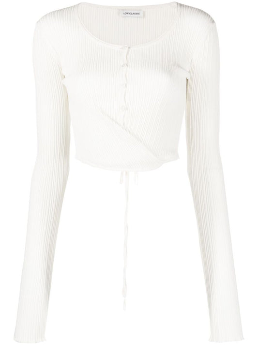 White Ribbed Wrap Cropped Cardigan
