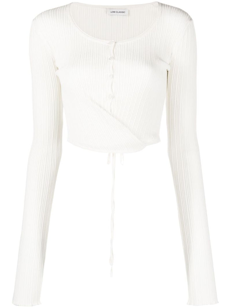 White Ribbed Wrap Cropped Cardigan