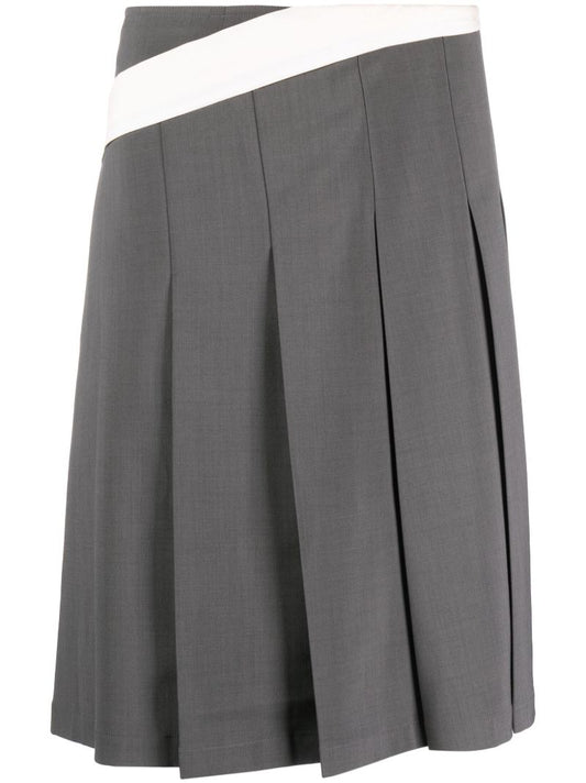 Grey Diagonal Stripe Pleated Midi Skirt