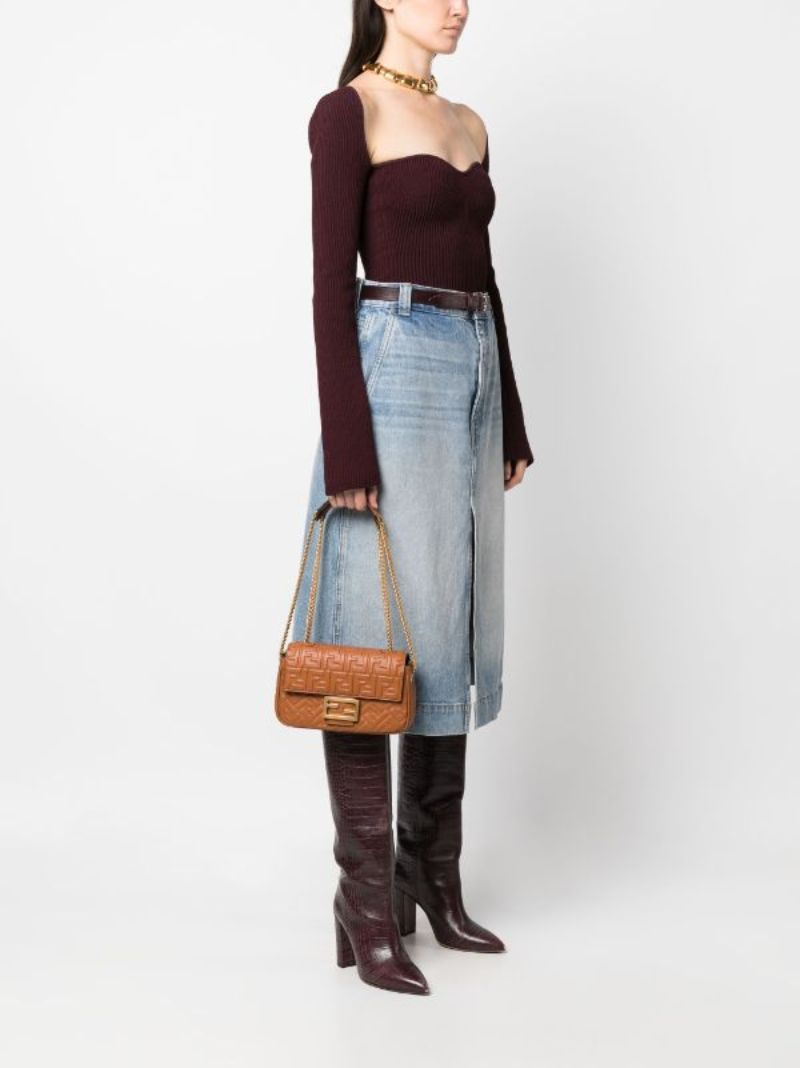 Brown Baguette Chain Medium Leather Shoulder Bag
