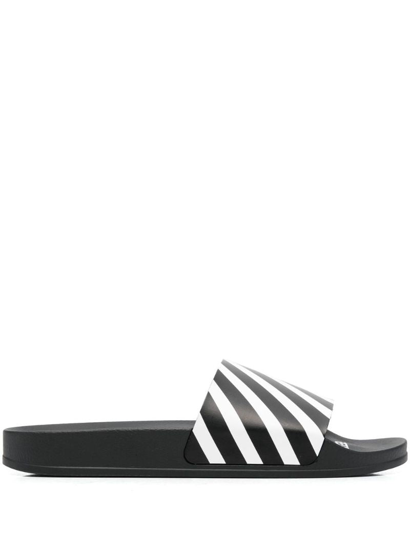 Black and White Diag Striped Slides