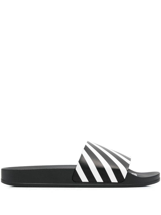 Black and White Diag Striped Slides