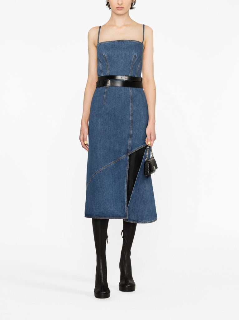 Blue Asymmetric Denim Midi Dress