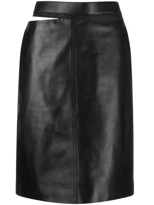 Black Logo-waistband Leather Midi Skirt