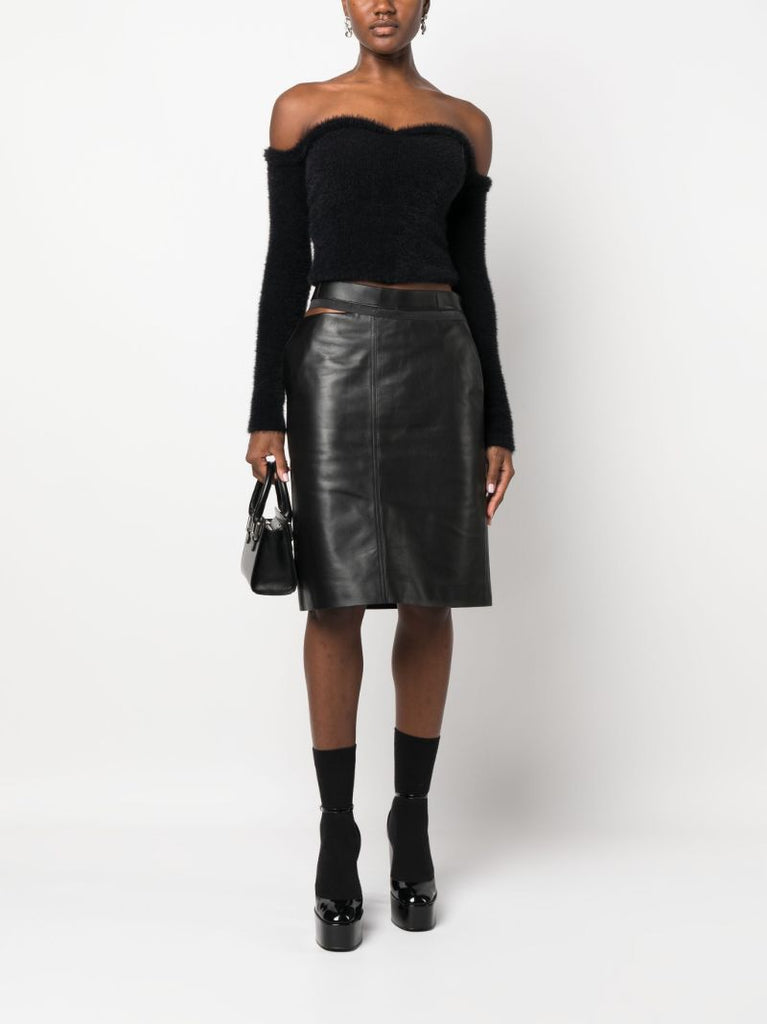 Black Logo-waistband Leather Midi Skirt