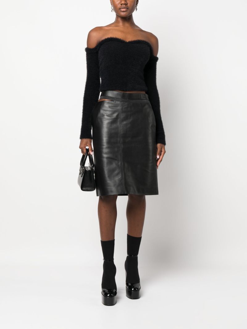Black Logo-waistband Leather Midi Skirt