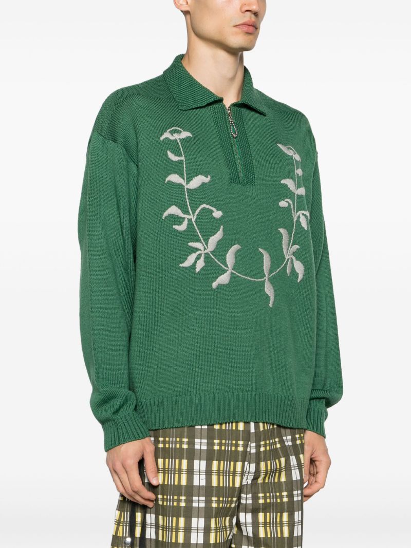 Green Floral Jacquard Detail Half-zip Jumper