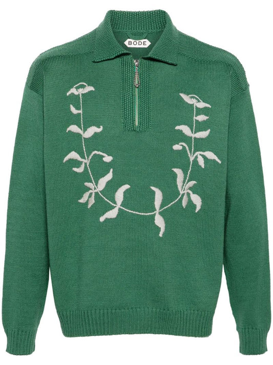 Green Floral Jacquard Detail Half-zip Jumper