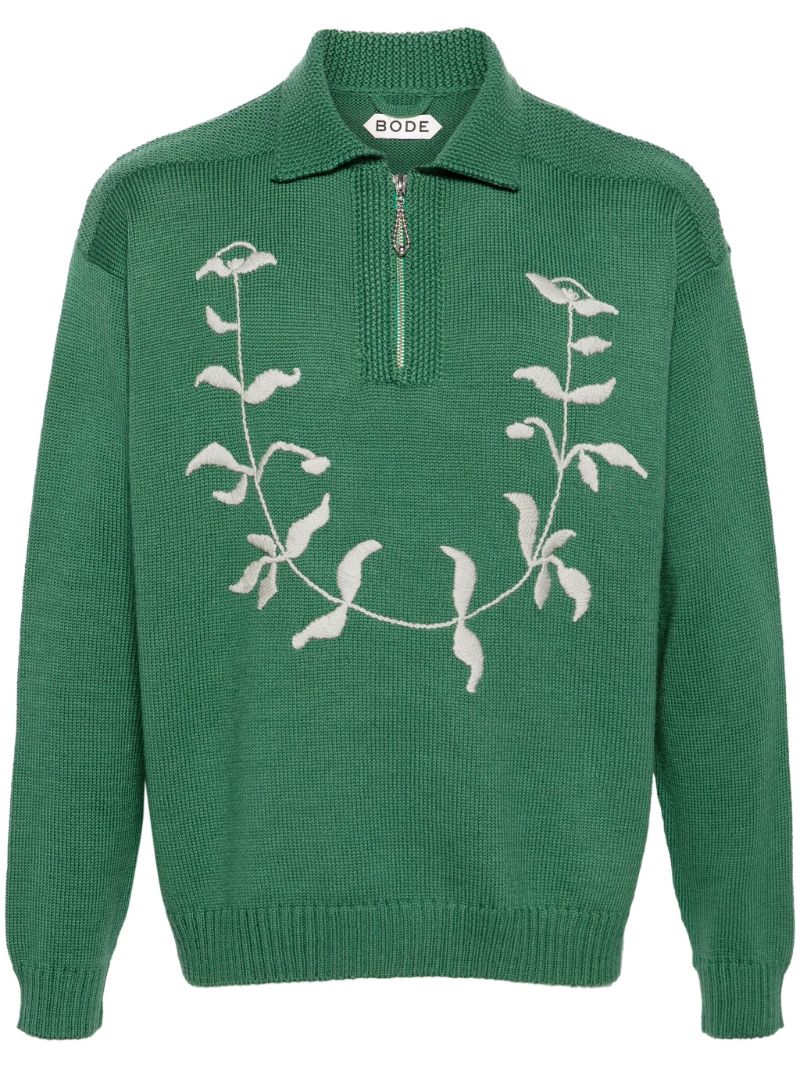 Green Floral Jacquard Detail Half-zip Jumper