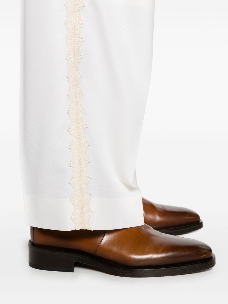 White Embroidered Pleated Trousers