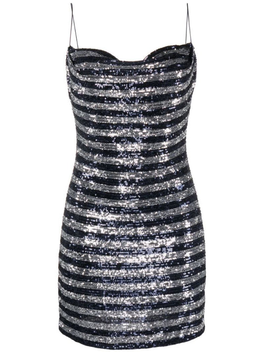 Blue Striped Sequin-embellished Mini Dress