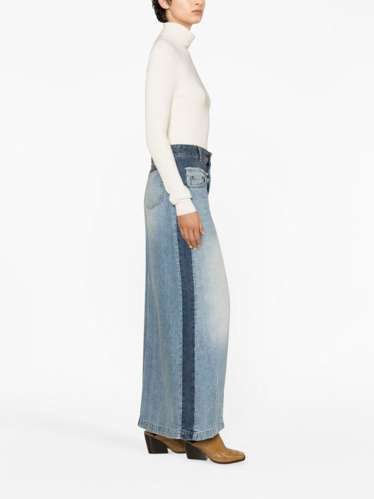 Blue Panelled Denim Maxi Skirt