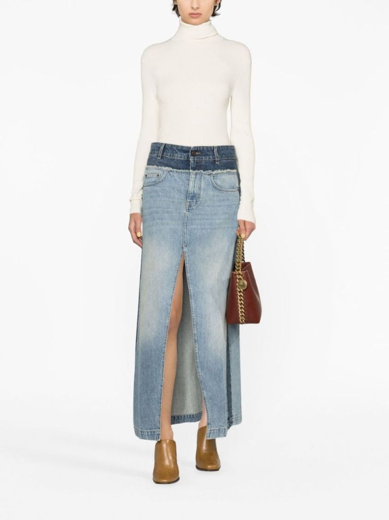 Blue Panelled Denim Maxi Skirt