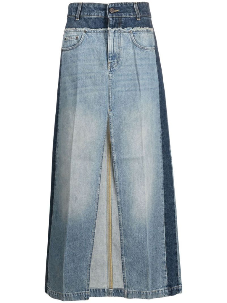 Blue Panelled Denim Maxi Skirt