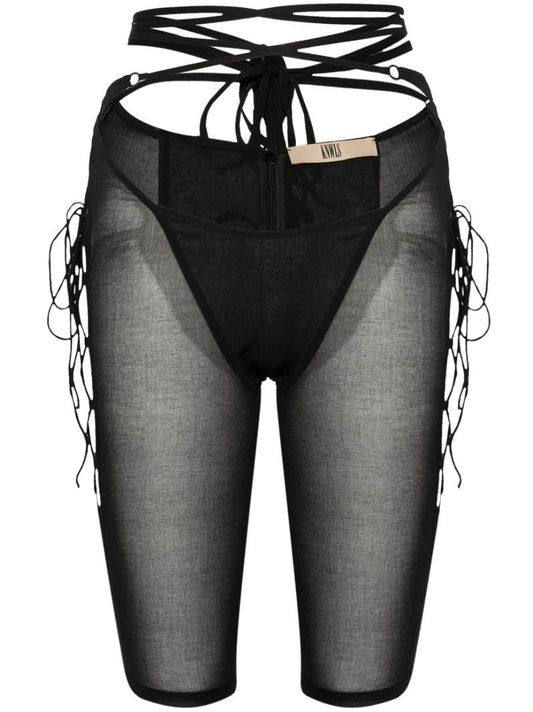 Black Glimmer Lace-up Sheer Shorts