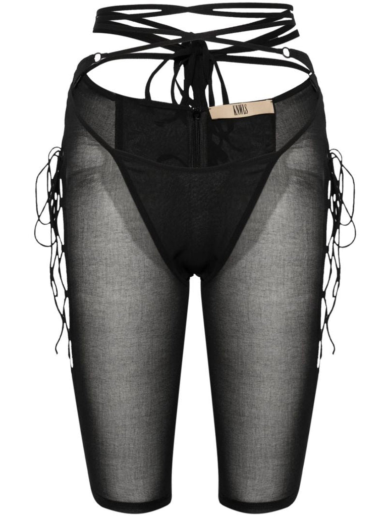 Black Glimmer Lace-up Sheer Shorts