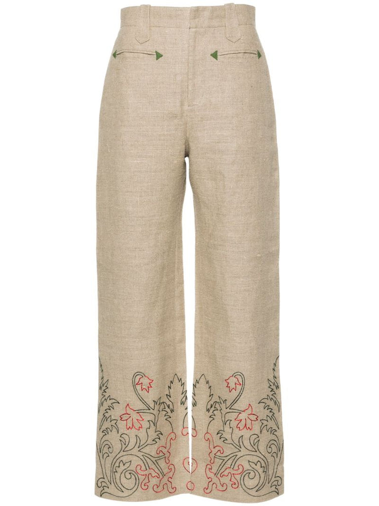 Neutral Embroidered Straight-leg Trousers