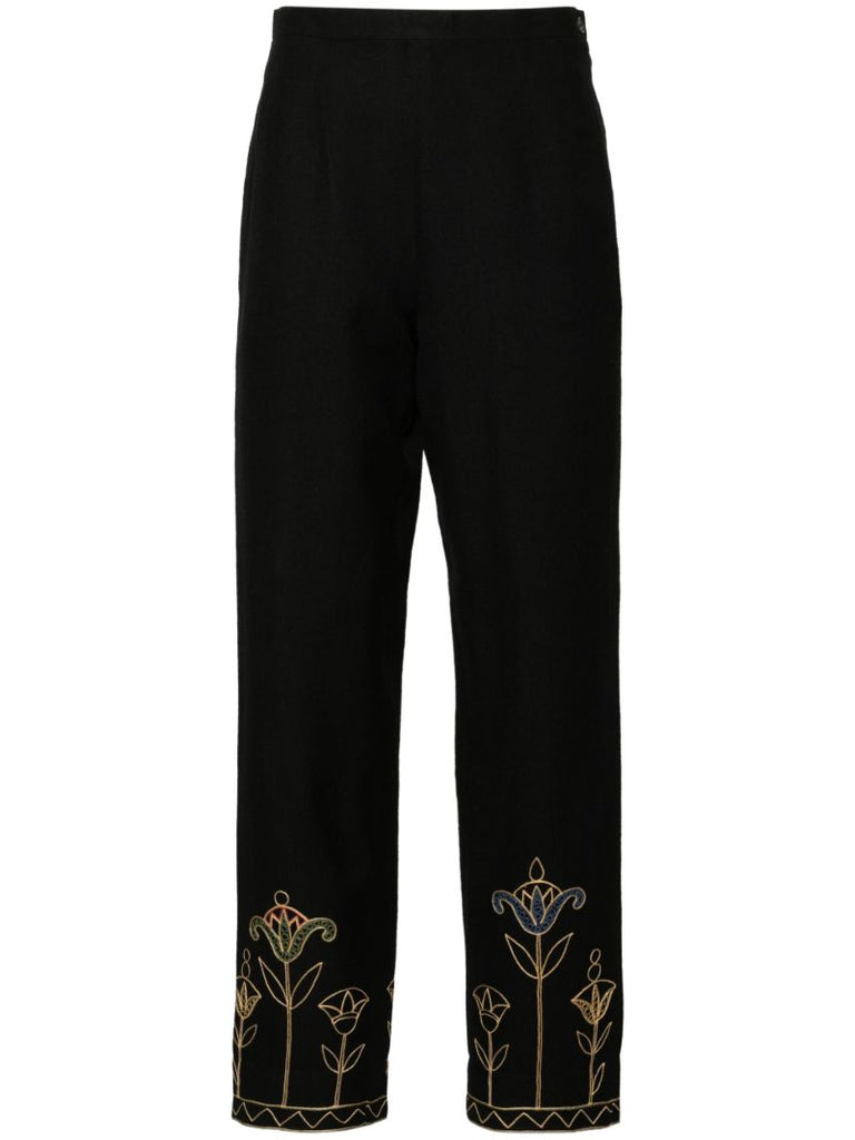 Blue Floral-embroidered Trousers