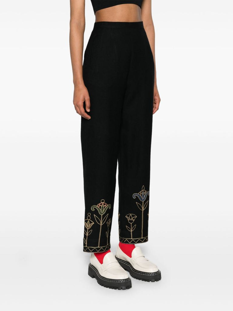 Blue Floral-embroidered Trousers