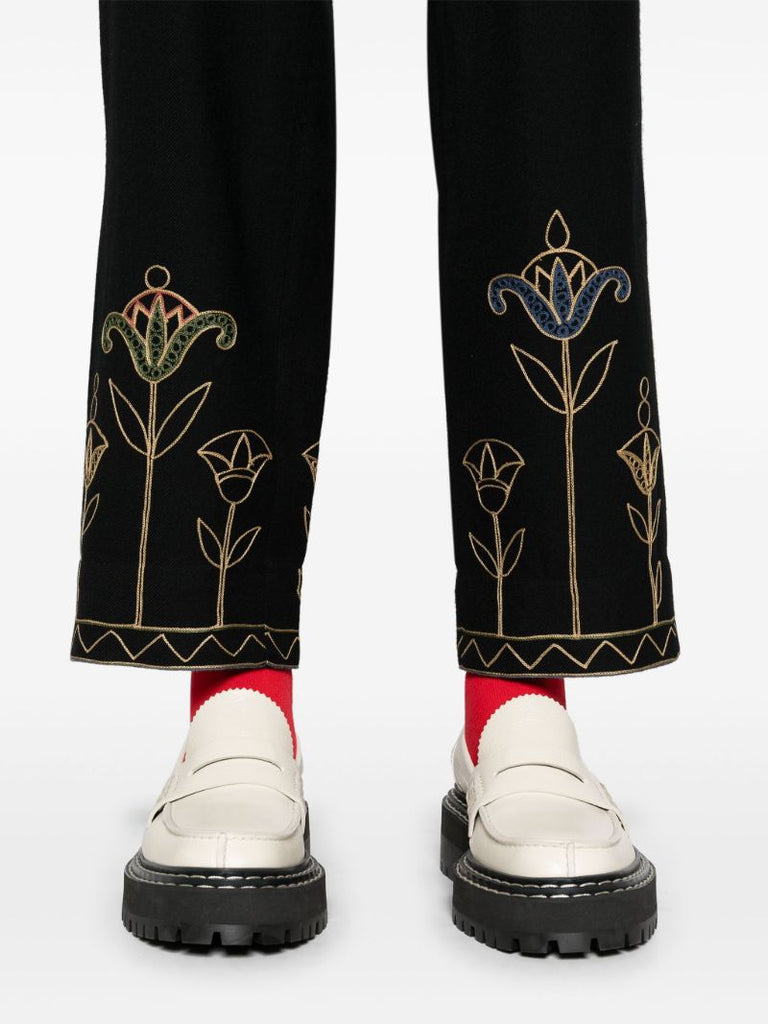 Blue Floral-embroidered Trousers