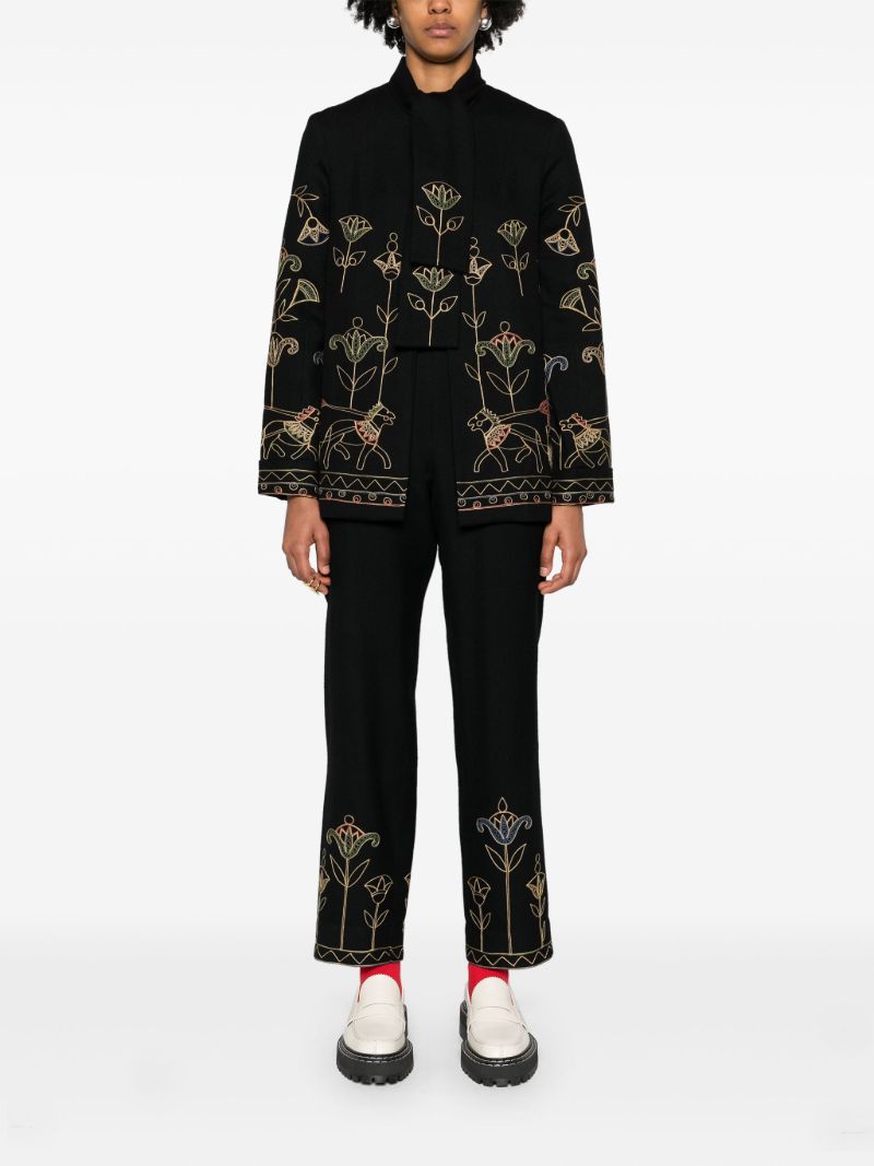Blue Floral-embroidered Trousers