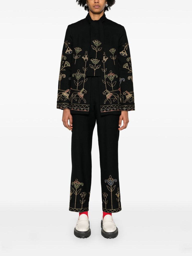 Blue Floral-embroidered Trousers