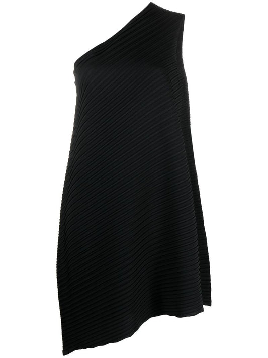 Black Reiteration One-shoulder Pleated Dress