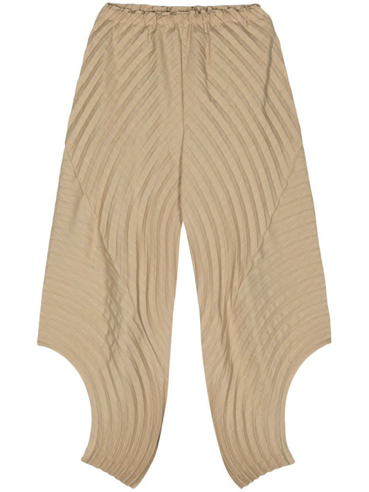 Beige Curved Pleats Tapered Trousers