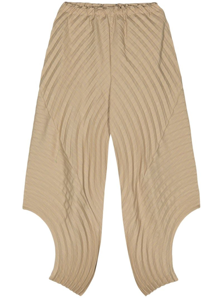 Beige Curved Pleats Tapered Trousers