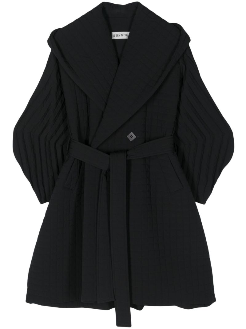Black Pleated Grid Belted Coat