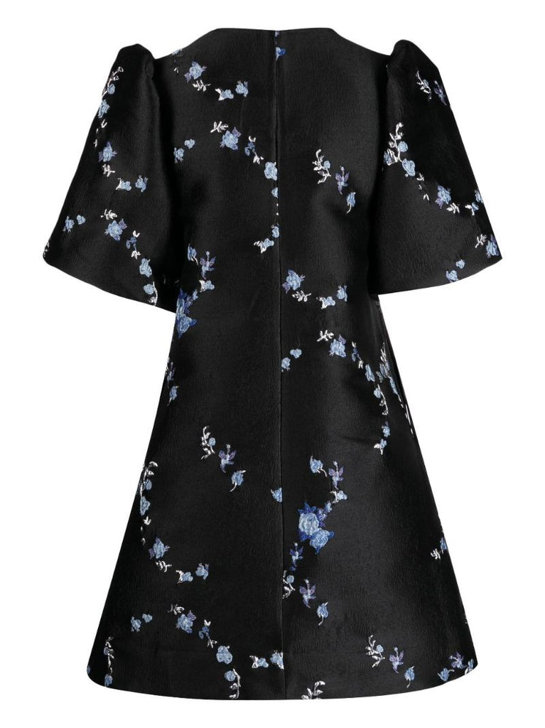 Black 3d Floral-jacquard Mini Dress