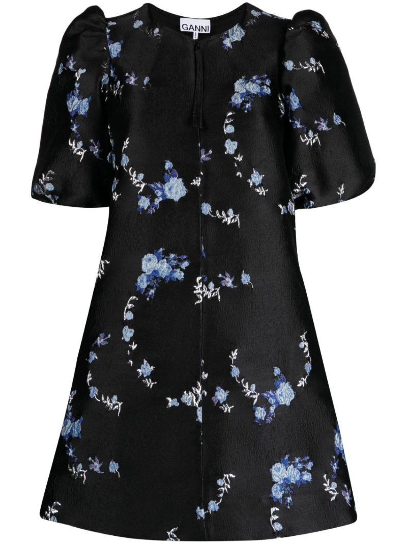 Black 3d Floral-jacquard Mini Dress