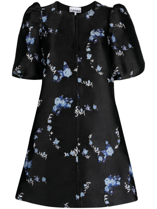 Black 3d Floral-jacquard Mini Dress