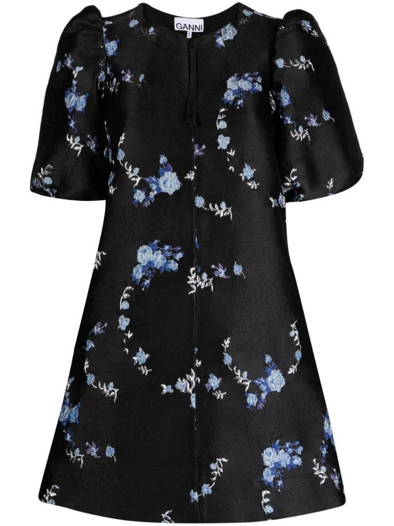 Black 3d Floral-jacquard Mini Dress