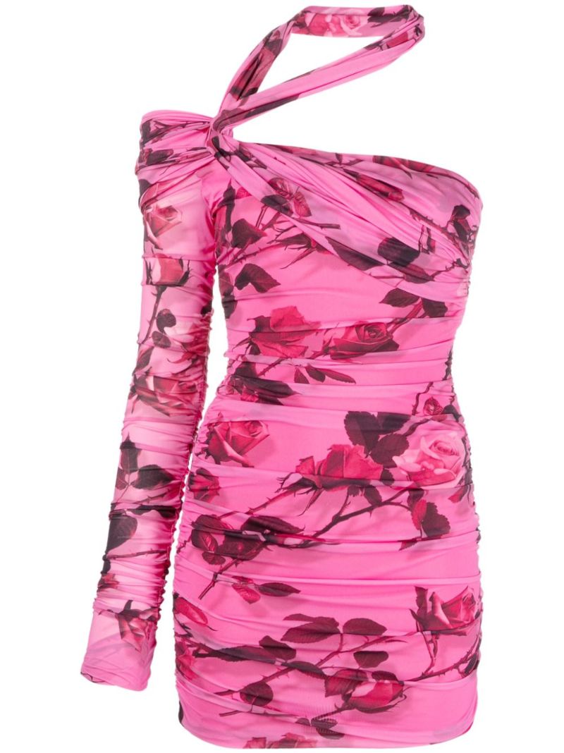 Pink Floral-print Asymmetric Mini Dress