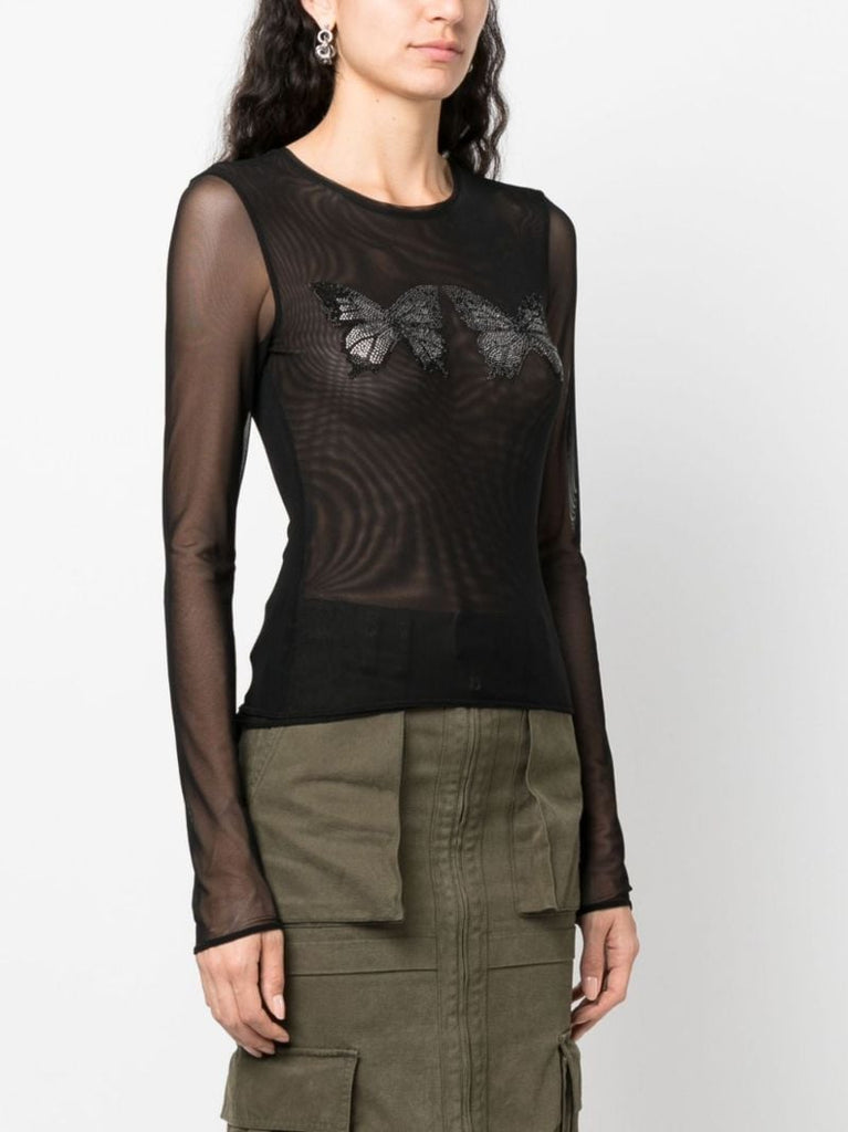 Black Butterfly-embroidered Mesh Top
